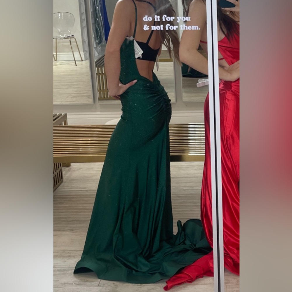Sherri hill emerald green prom dress size 0. 5’1, 3 inch heels for reference.